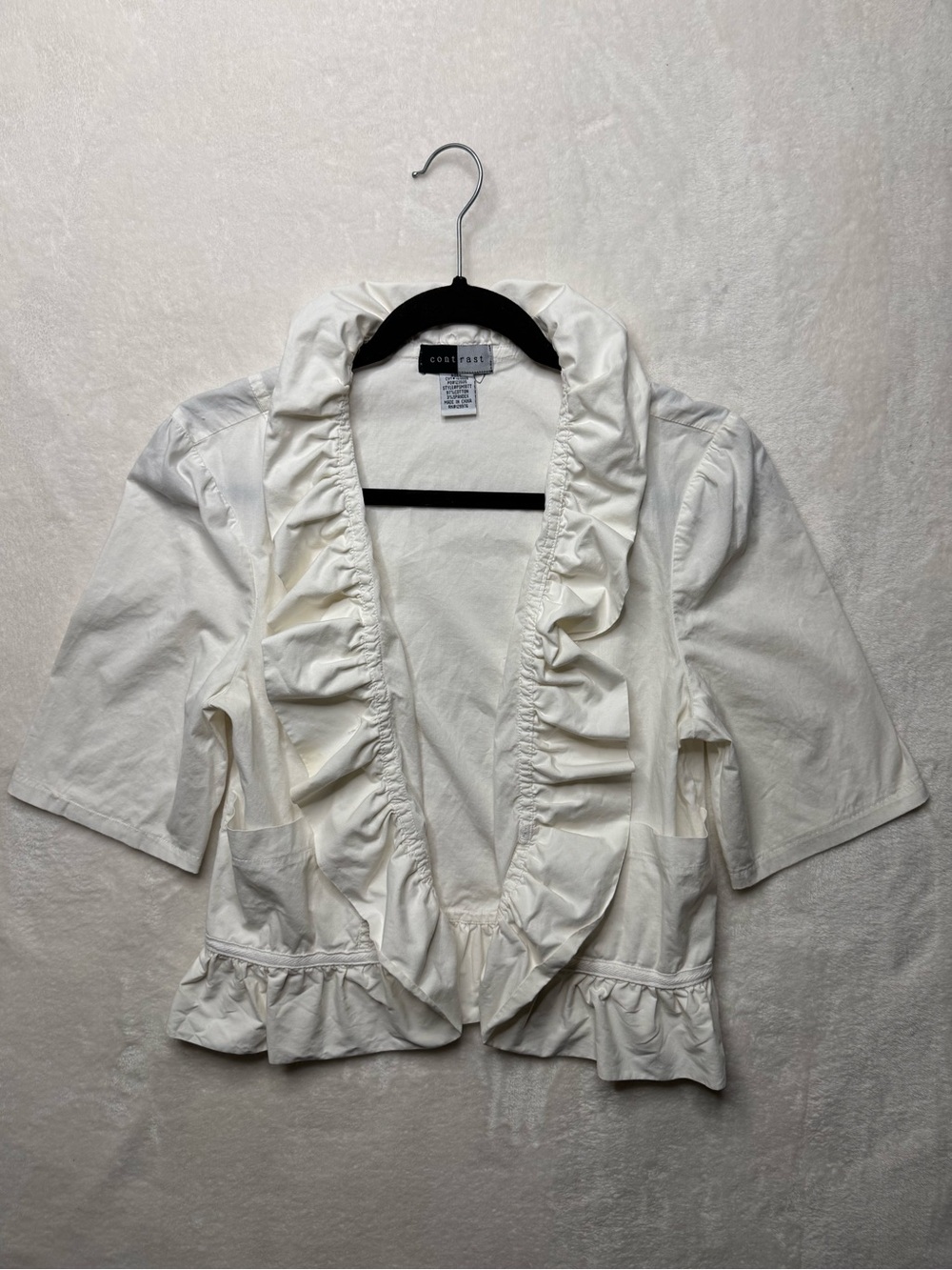 Contrast Vintage Cotton White Ruffle Open Cardigan Blouse Jacket Cottagecore M